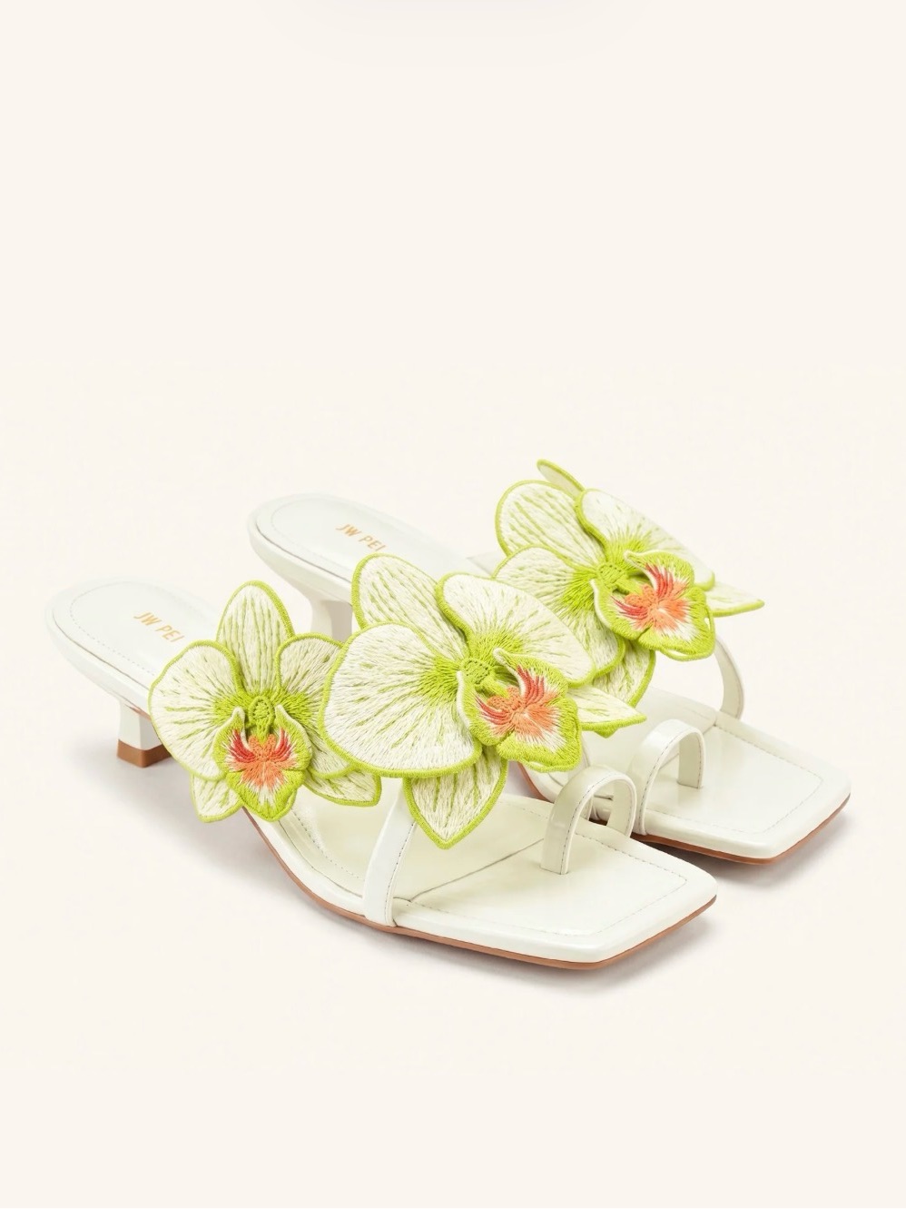 Jw Pei White Slide Mules With Green And Pink Orchid Appliqus